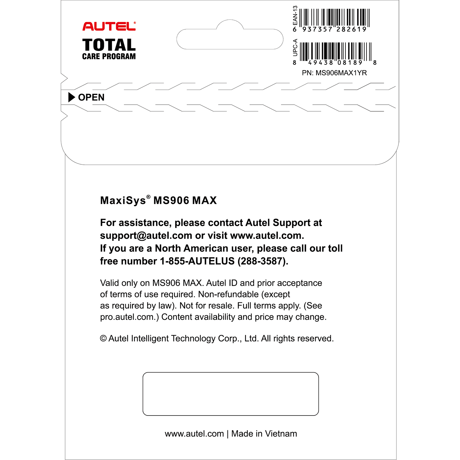 Autel MS906MAX1YR Total Care Program (TCP) 1-Year Warranty & Software Updte Extension for MS906MAX