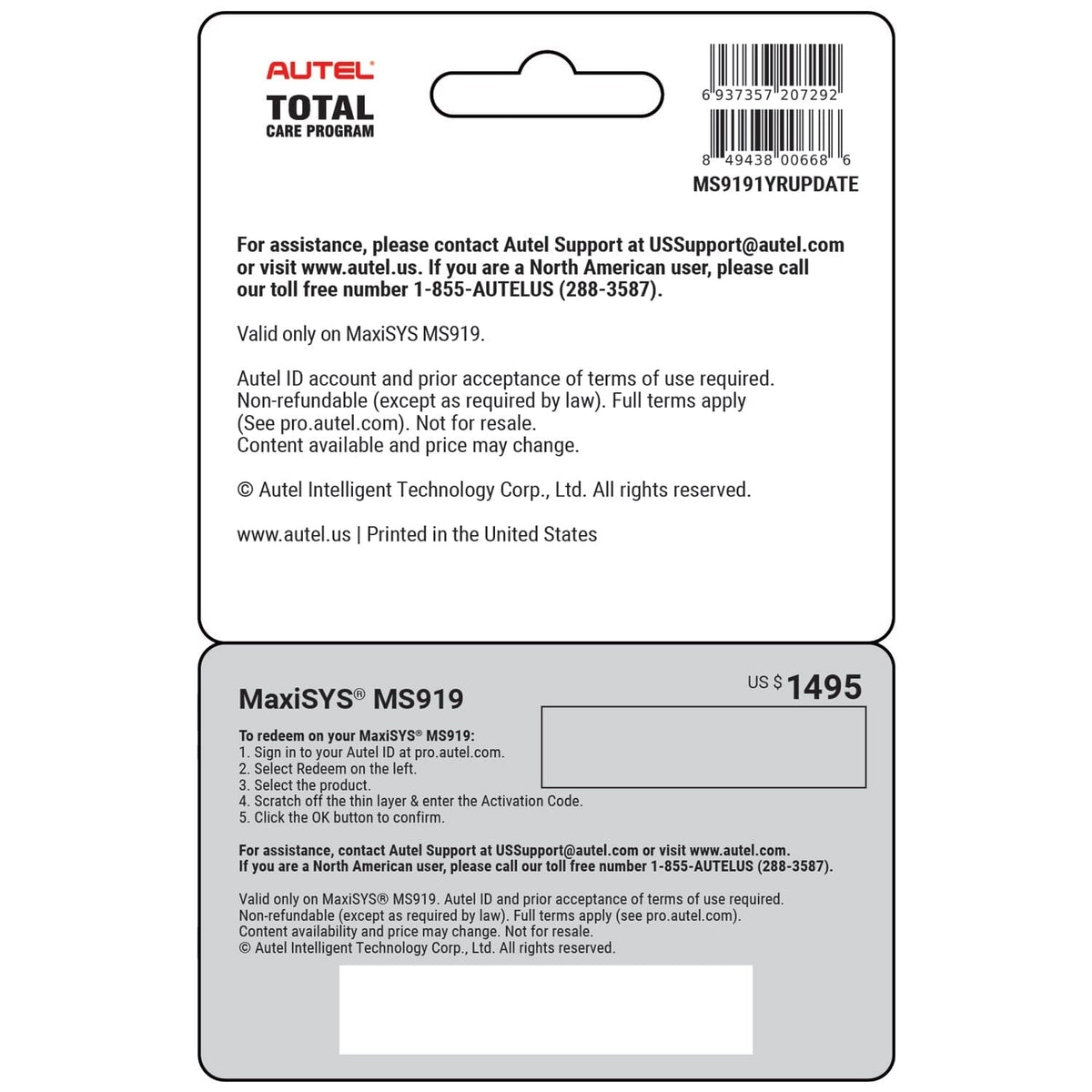 Autel MS9191YRUPDATE Total Care Program (TCP) 1-Year Warranty & Software Update Extension for MS919