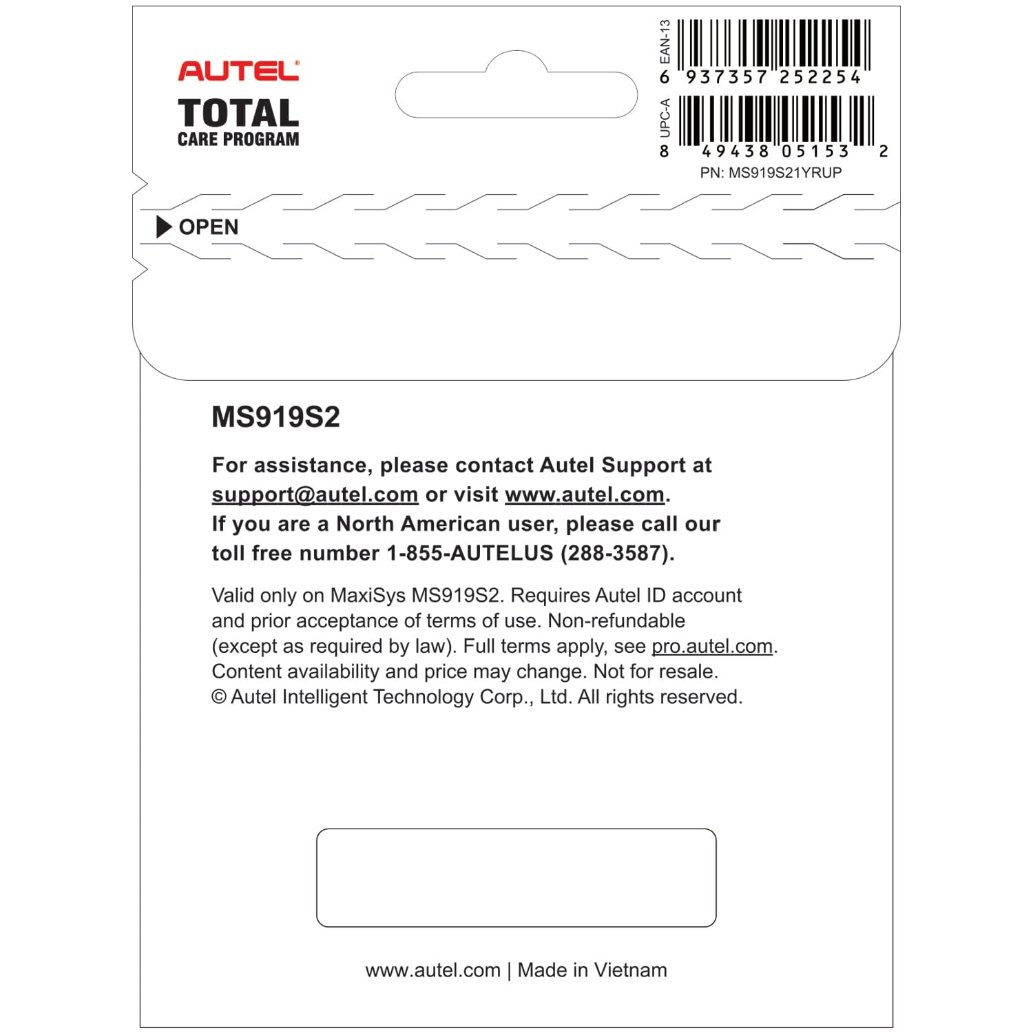 Autel MS919S21YRUP Total Care Program (TCP) 1-Year Warranty and Software Update for MS919S2